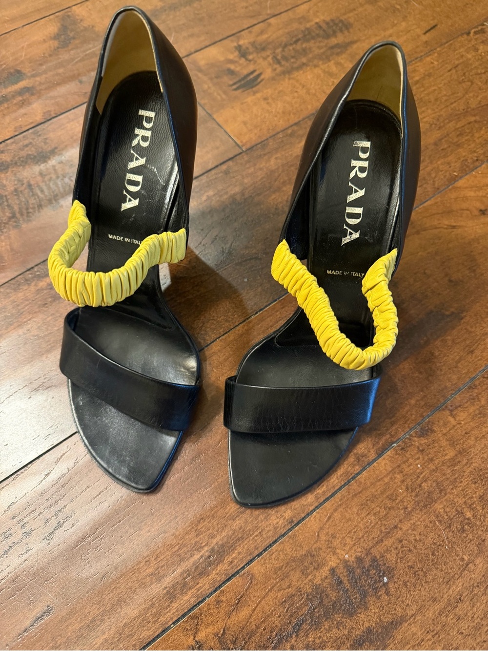 PRADA Black Leather Sandals with Yellow Accent